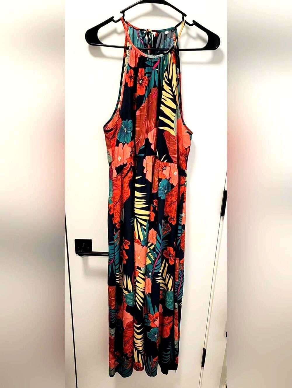 Tropical Halter Maxi Dress with Coral & Teal Florals - 1X